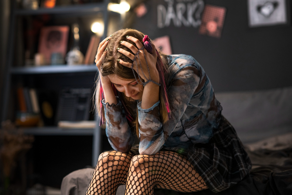 chica adicta sentada arrepentida